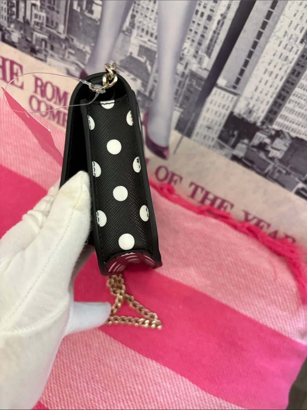 kate spade Black and White Polka Dot Crossbody with Gold Chain